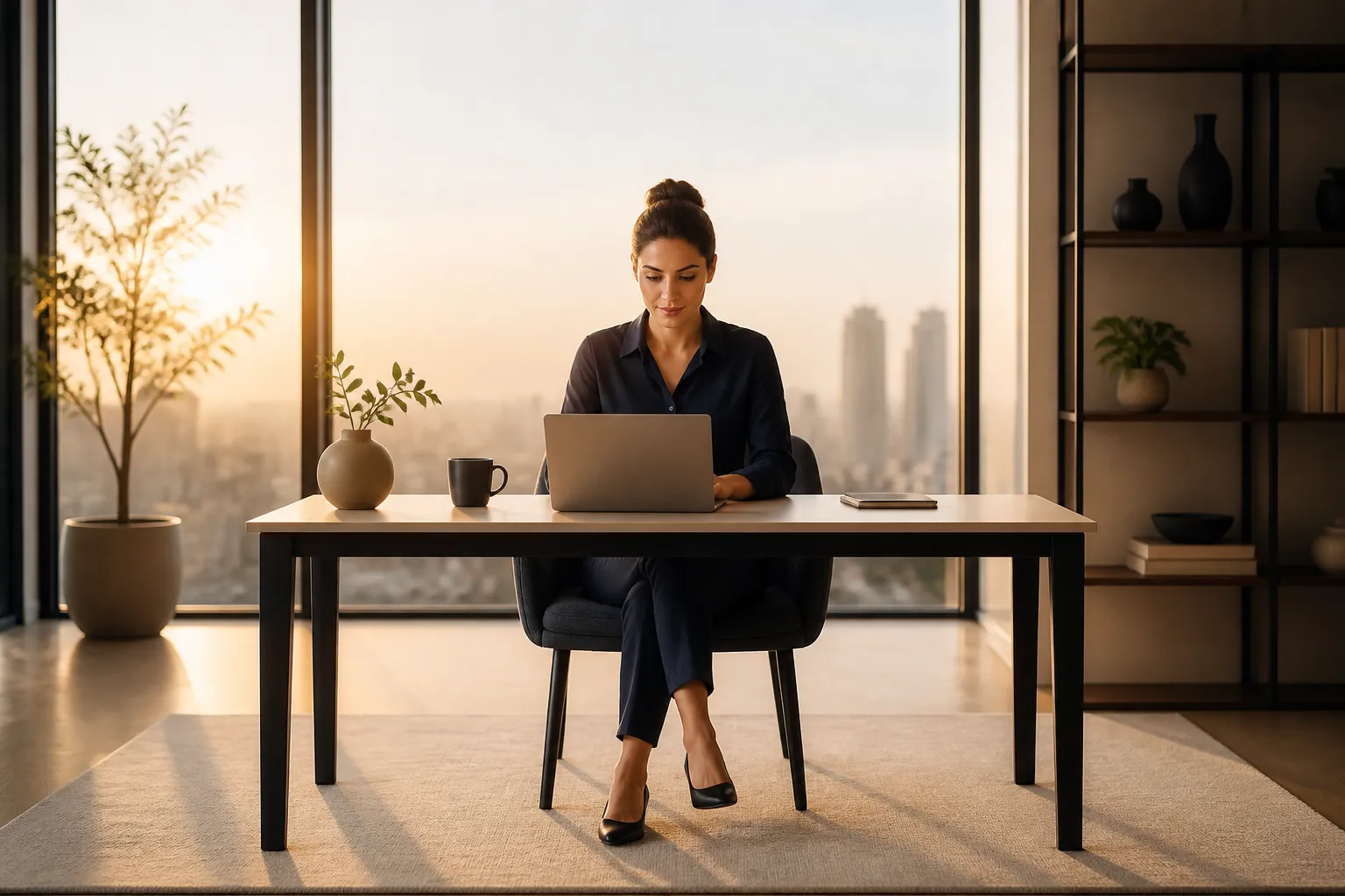 Professional working at a clean, minimal desk in warm morning light