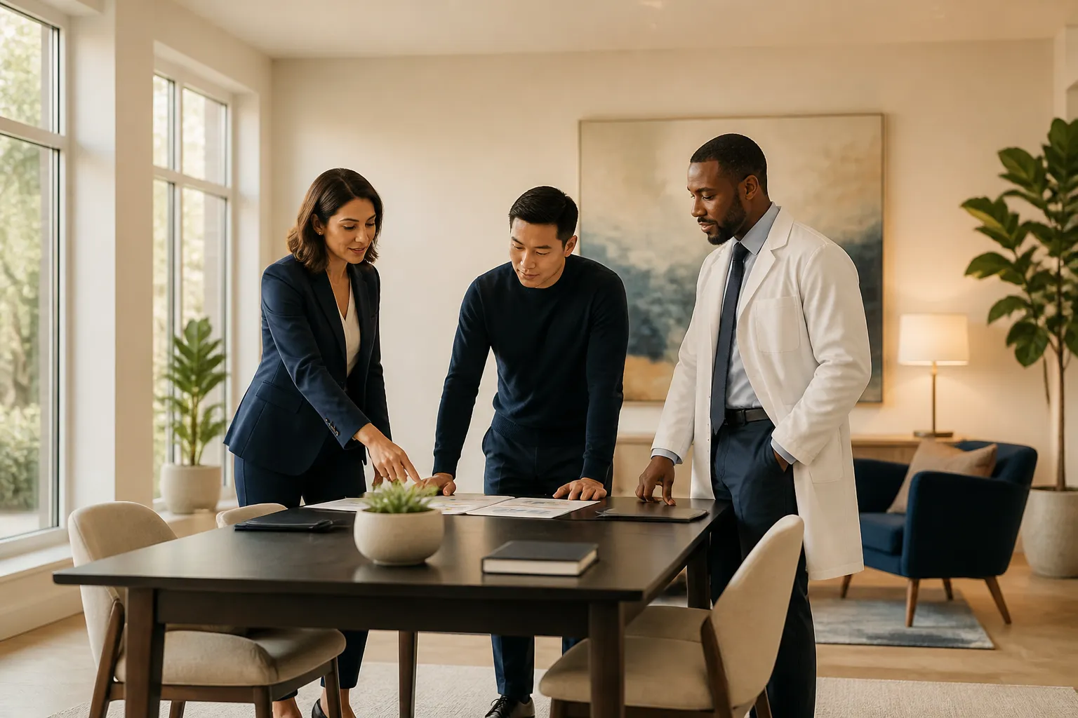 Diverse professionals including a coach, founder, and doctor collaborating around a conference table