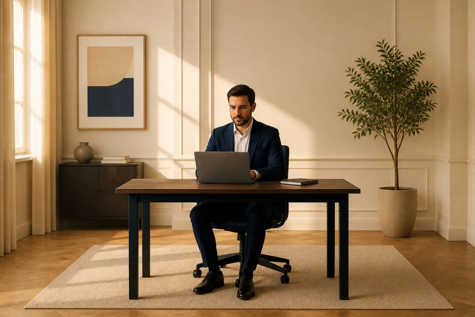 Professional reviewing growth analytics on laptop in a calm sunlit workspace