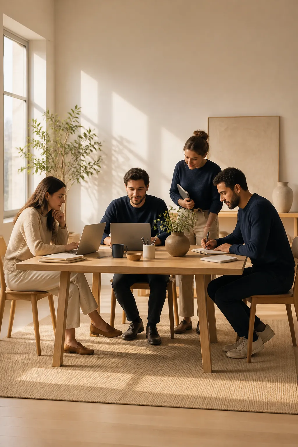 Small focused team collaborating at a minimal desk in warm morning light