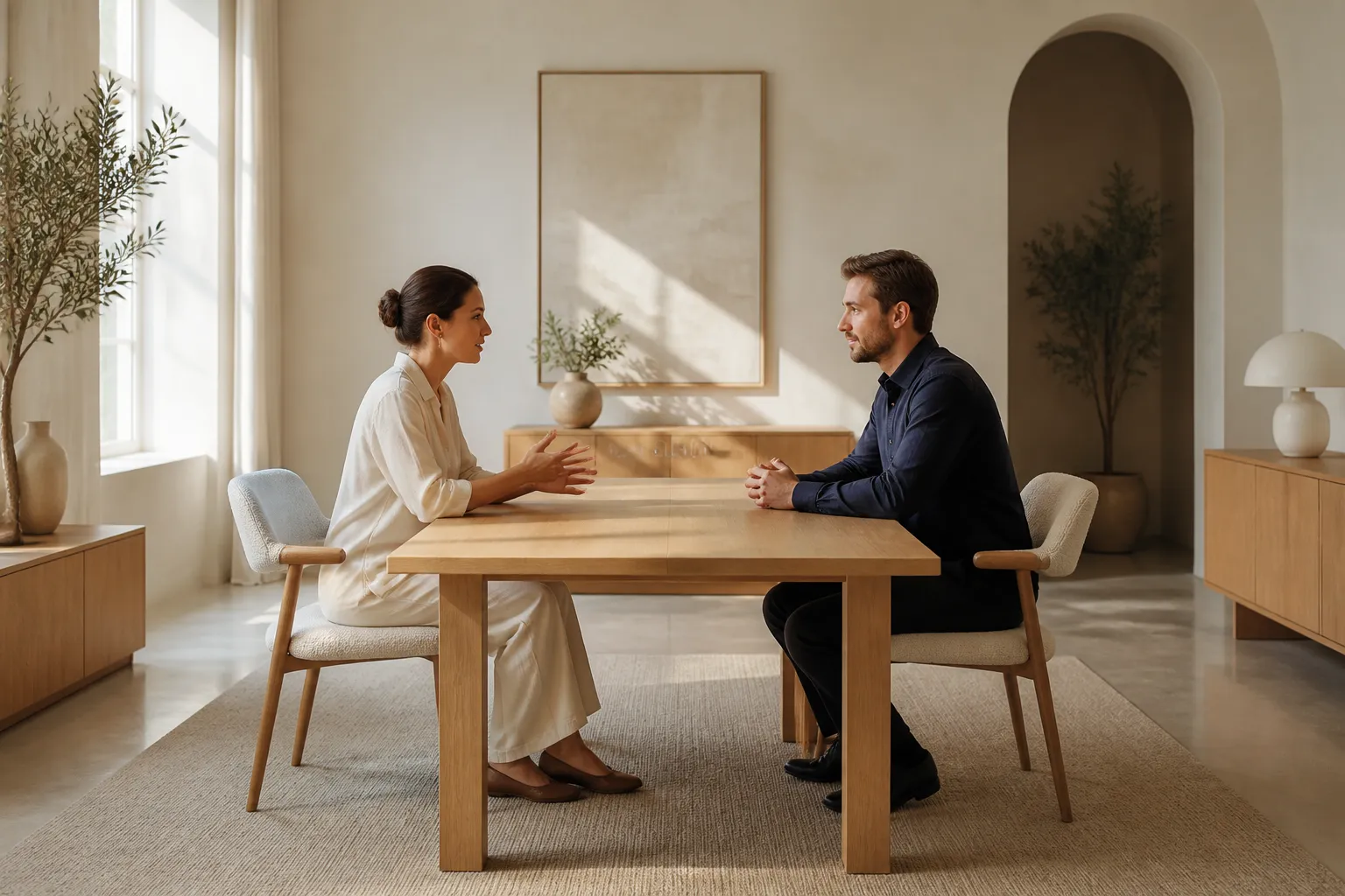 Two professionals in a calm consultation session in a sunlit studio
